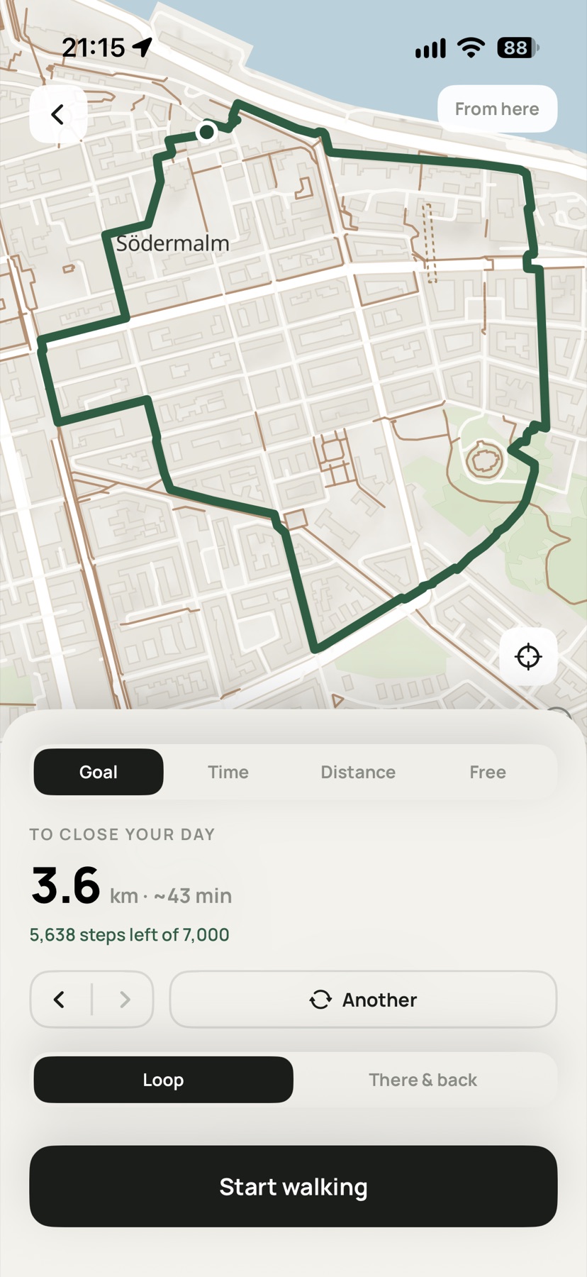 The Lunka app showing a 3.6 km loop drawn on a map of Södermalm in Stockholm