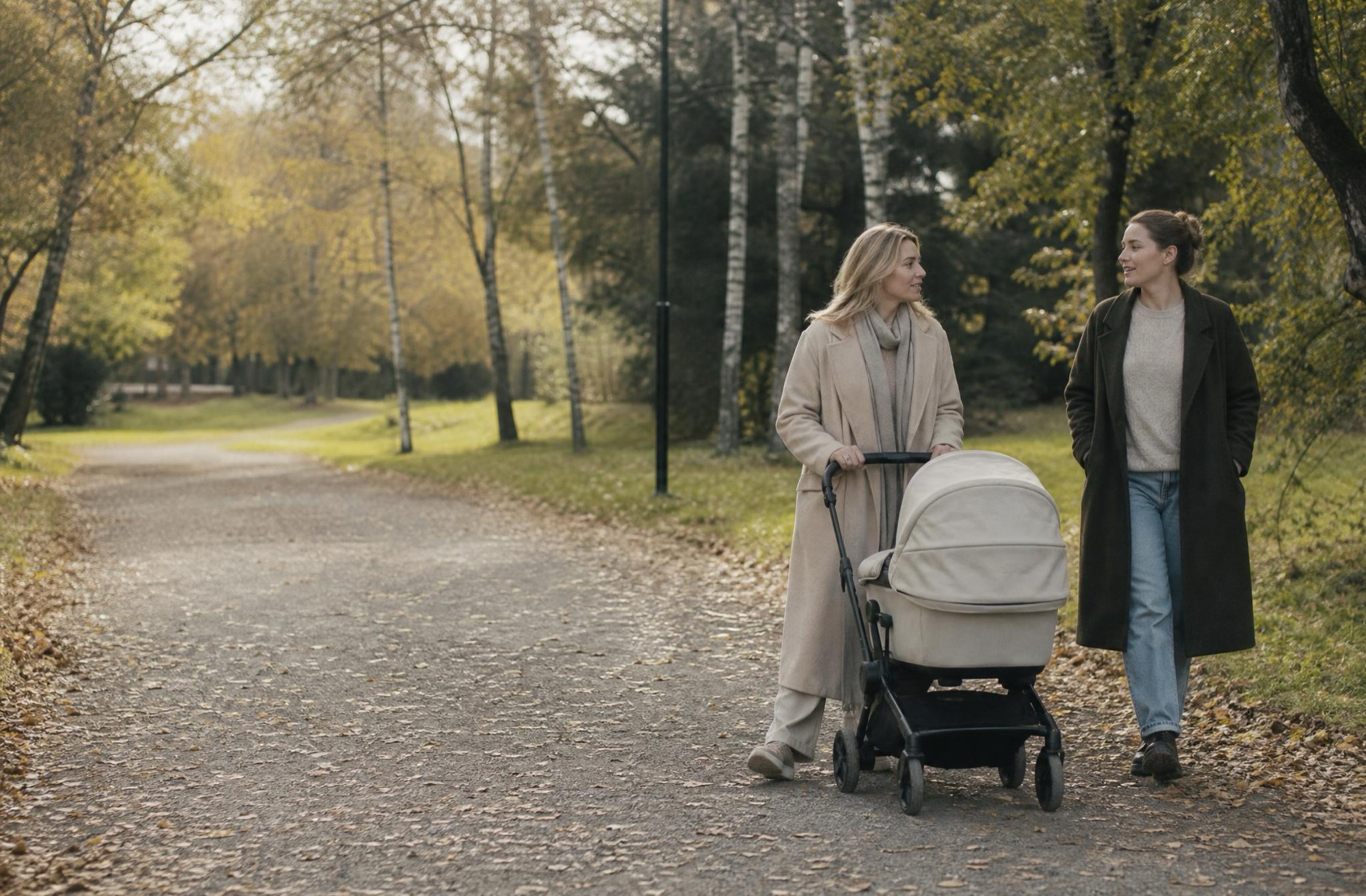 Two friends walking a park path with a pram between them